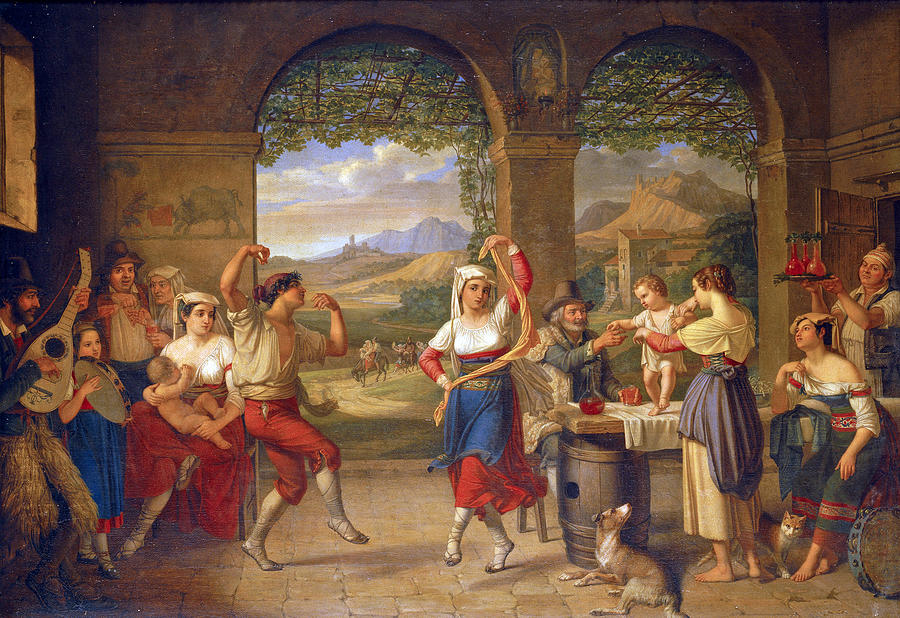 A Saltarello being danced in a Roman osteria Painting by Dietrich Wilhelm Lindau