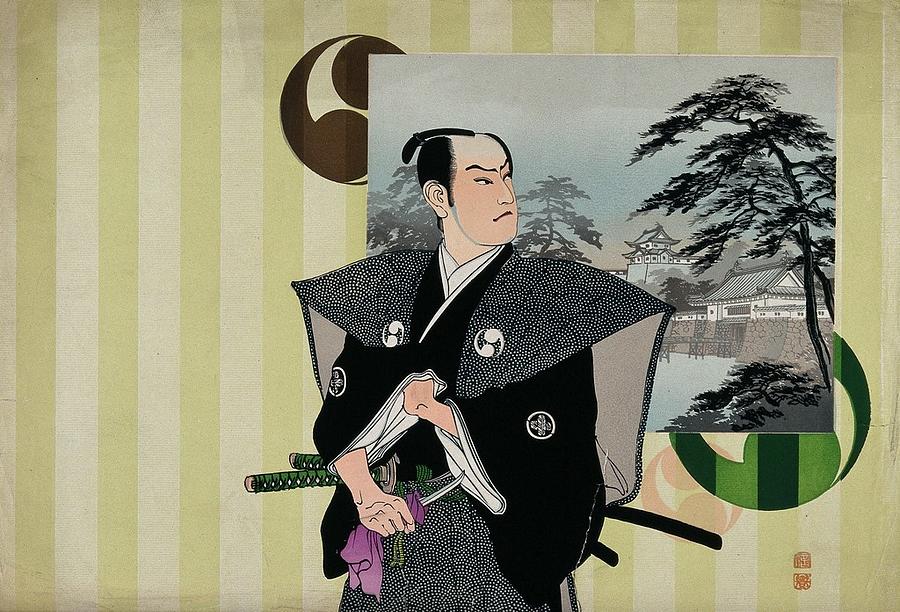 A samurai in formal dress with a drawn dagger and an inset of Edo Castle. Colour woodcut Painting by Artistic Rifki