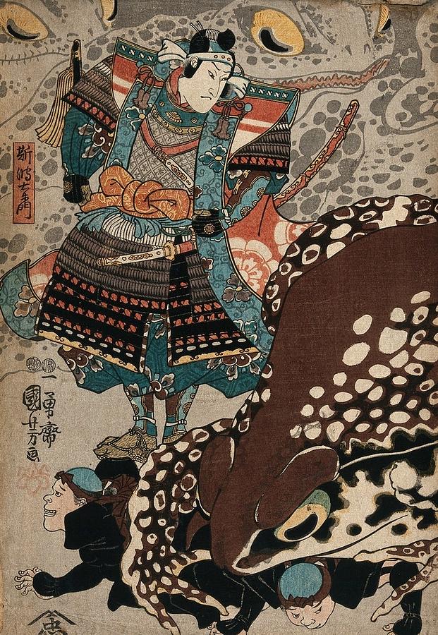 A samurai looks on as a giant frog runs over the menials. Colour woodcut by Kuniyoshi, 1847 Painting by Artistic Rifki