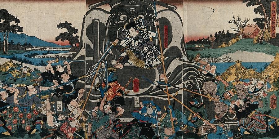 A samurai standing on the lap of a great, outdoor stone statue of the King of Hell, fighting off a m Painting by Artistic Rifki