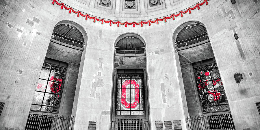 Black And White Photograph - Ohio Reverie At The Stadium Rotunda - Selective Color Panorama by Gregory Ballos
