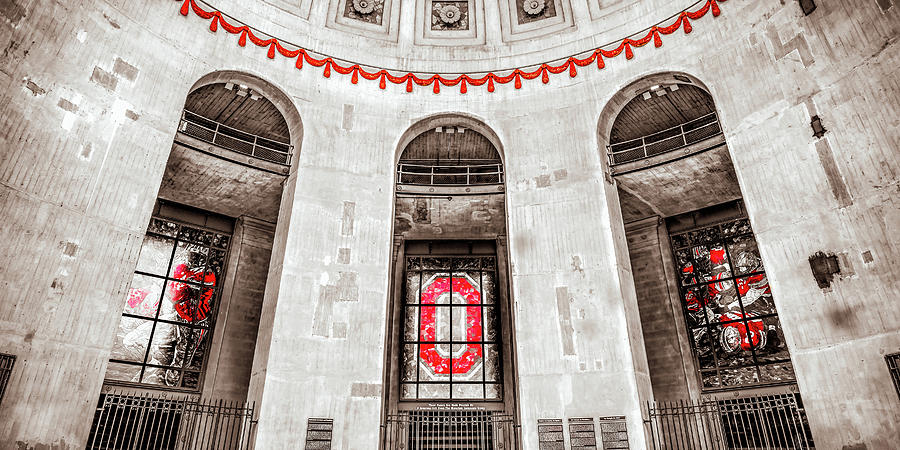 Black And White Photograph - A Scarlet Entrance - Ohio Stadium Rotunda in Sepia Selective Color Panorama by Gregory Ballos