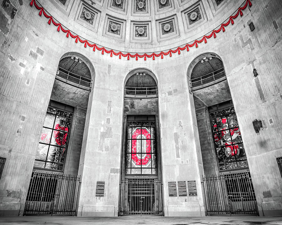 Black And White Photograph - Scarlet Reverie And The Timeless Entrance Of An Ohio Icon - Selective Color Edition by Gregory Ballos