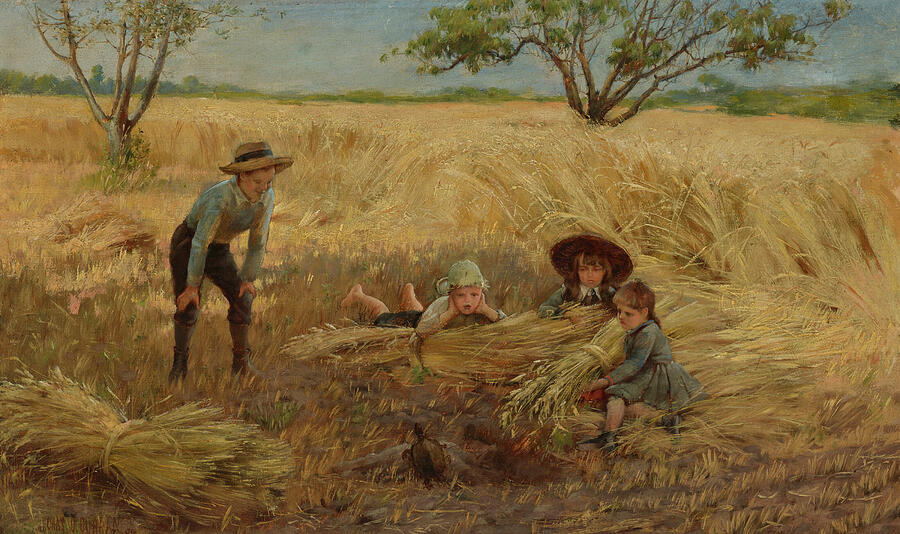 A scene depicts a group of children playing in a wheat field under the glow of the sunlight, with on Painting by MotionAge Designs
