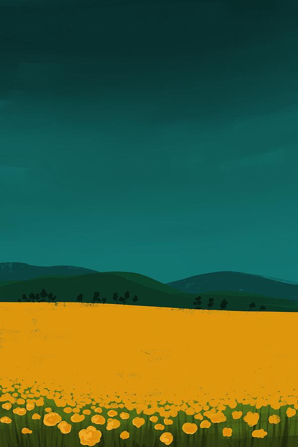 A Sea Of Yellow Poppies - Minimal Landscape Painting - Colorful, Poetic Abstract Mixed Media