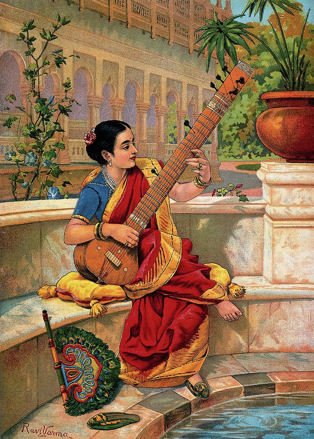 Musical Instrument Painting - A seated Indian woman plays a sitar next to a Garden Pond by Ravi Varma
