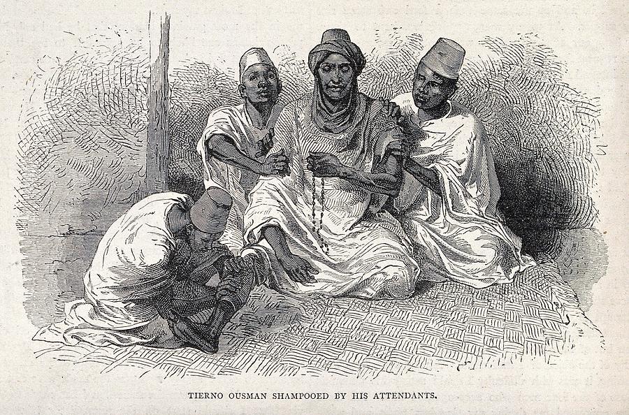 A seated oriental man being attended by three male servants. Wood engraving 2 Painting by Artistic Rifki