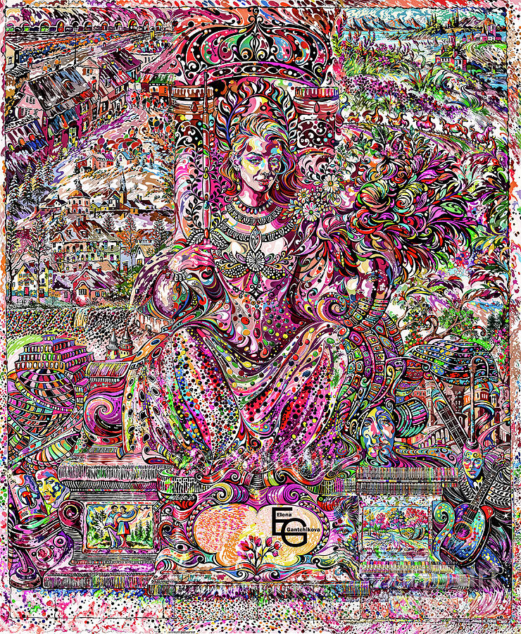 A seated person surrounded by a lush and fantastical landscape Digital Art by Elena Gantchikova A seated person surrounded by a lush and fantastical landscape Digital Art by Elena Gantchikova