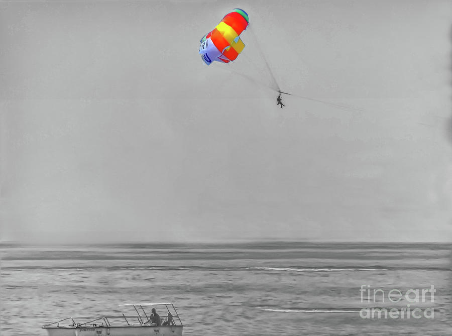 A Selective Colour Photograph Of A Paragliding Benidorm Beach-spain Photograph