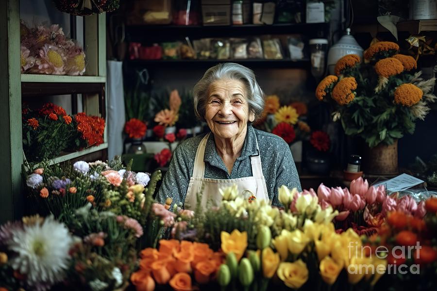 A senior woman shopkeeper tending her flower stall at a flea mar Photograph by Joaquin Corbalan