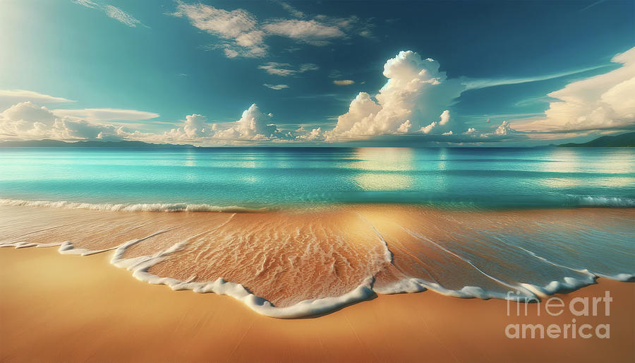 A serene beach with golden sands, turquoise waters Digital Art by Odon Czintos