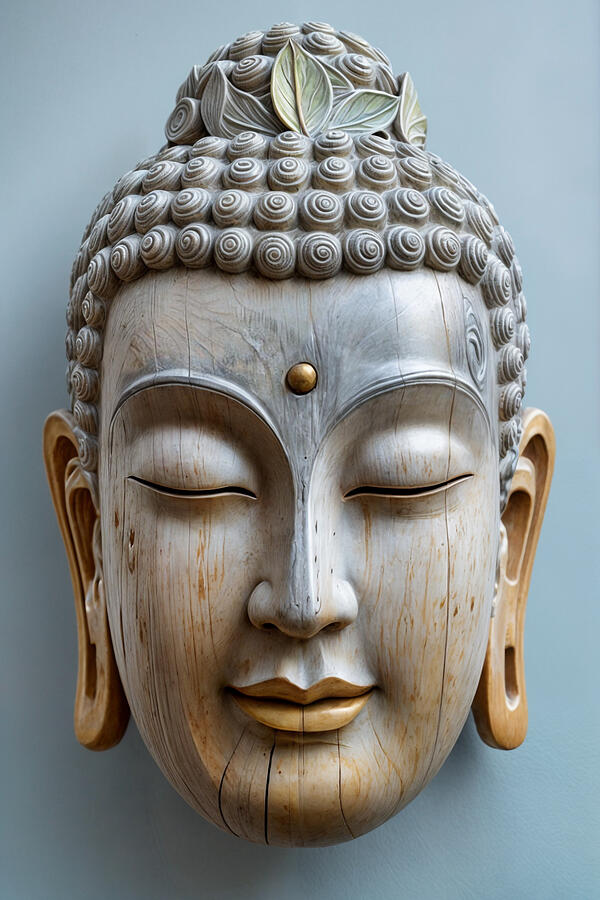 A Serene Buddha Face Carved In Wood Digital Art
