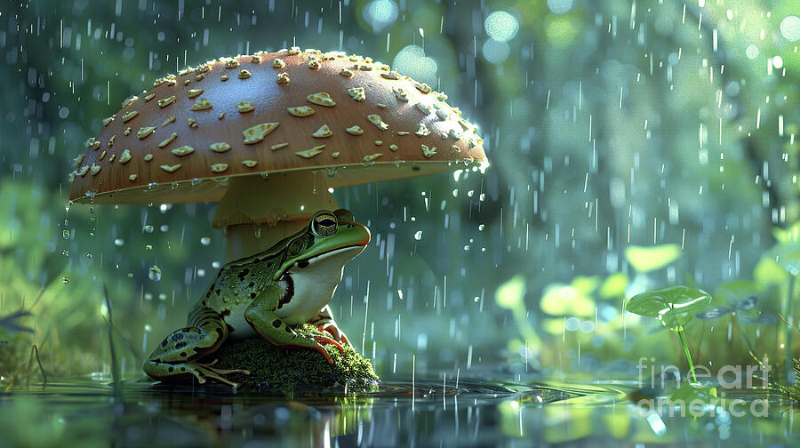 A serene frog shelters under a large mushroom as rain gently falls around it. Digital Art by Odon Czintos