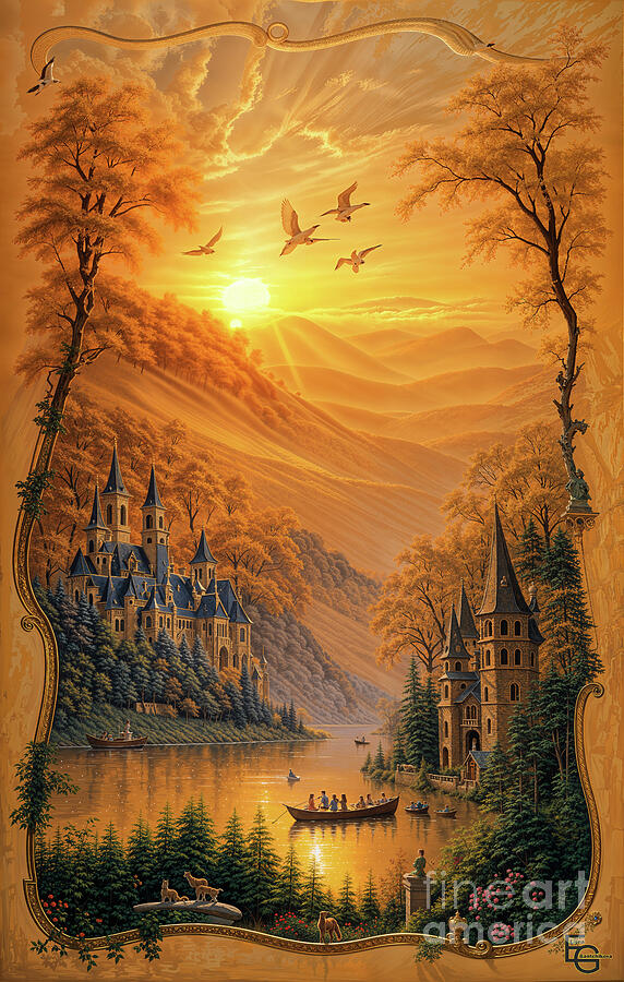 A serene golden landscape depicts a majestic castle nestled among rolling hills and a tranquil lake Digital Art by Elena Gantchikova A serene golden landscape depicts a majestic castle nestled among rolling hills and a tranquil lake Digital Art by Elena Gantchikova