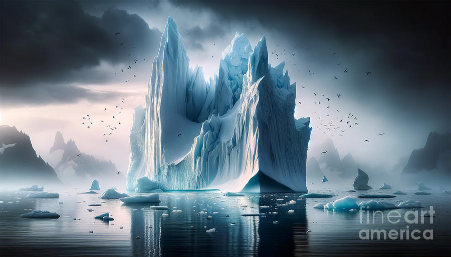 A serene iceberg scene with a dramatic sky and flock of birds. Digital Art by Odon Czintos