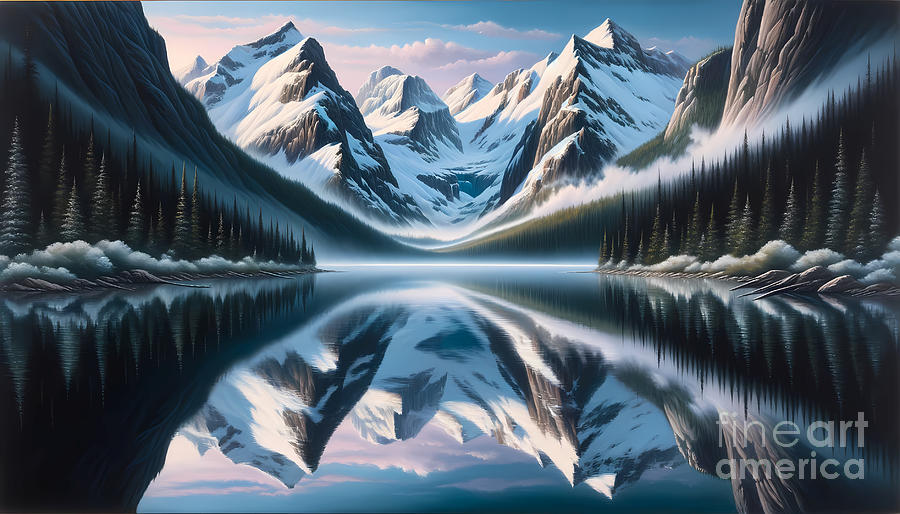 Mountain Painting - A serene lake reflecting a perfect mirror image of the surrounding snow-capped mountains by Jeff Creation