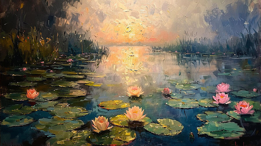 Sunset Digital Art - A serene morn ng scene by a l ly pond captur ng 2aa34ae5-dd77-4c58-8fba-84a0950f86c7 by Romed Roni