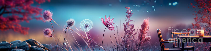 Nature Digital Art - A serene nature scene unfolds at dusk with various flowers in the foreground  by Odon Czintos