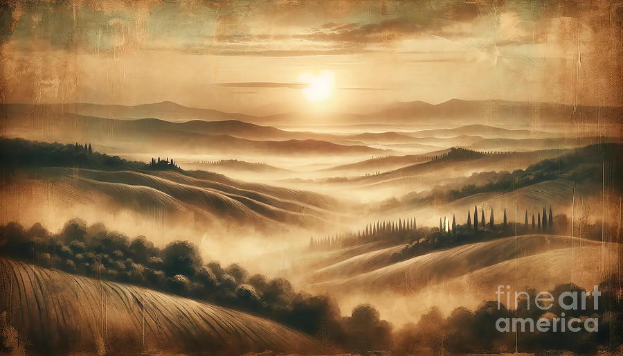 Vintage Painting - A serene sunrise over the misty hills of Tuscany, with a vintage sepia tone. by Jeff Creation