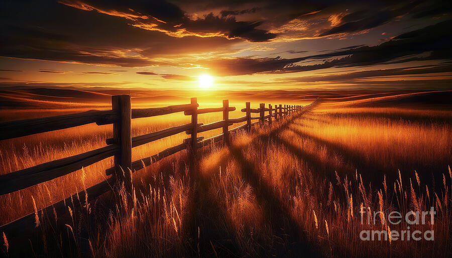 A serene sunset view over a golden field with a rustic wooden fence leading into the distance. Digital Art by Odon Czintos