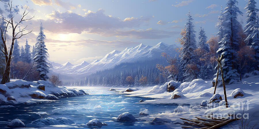 A serene winter landscape painting with a flowing river Digital Art by Odon Czintos