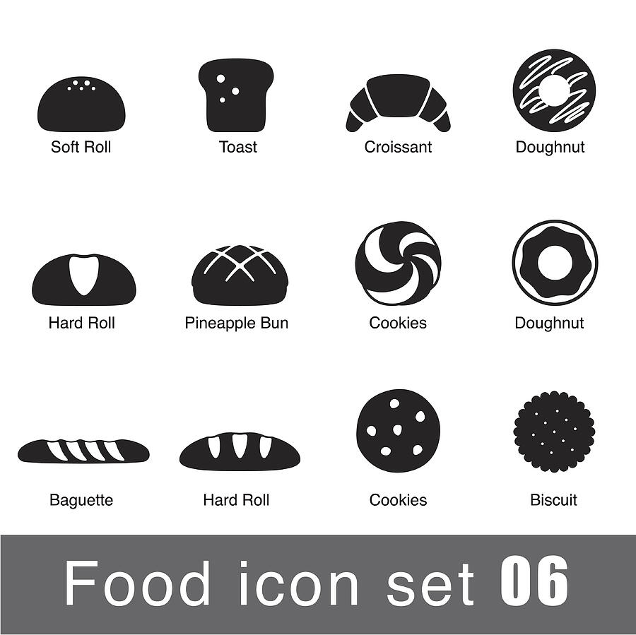 A set of supermarket icons depicting breaded goods Drawing by Hakule