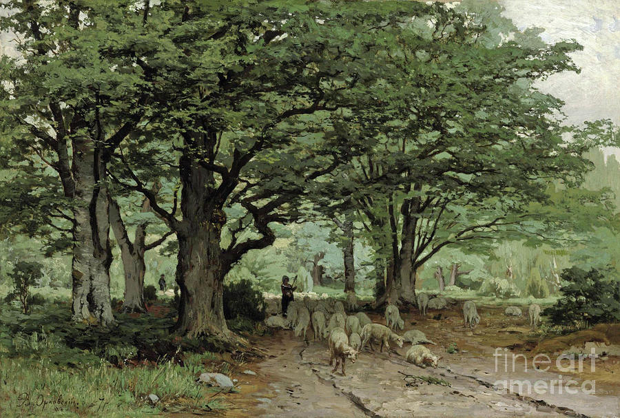 A Shepherdess and Her Flock in a Forest Painting by Volodymyr Orlovsky