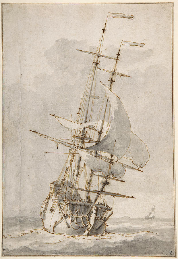 A Ship at Sea Drawing by Ludolf Backhuysen