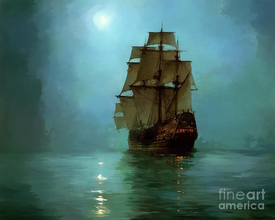 Ship Digital Art - A ship in the moonlight. by Jerzy Czyz