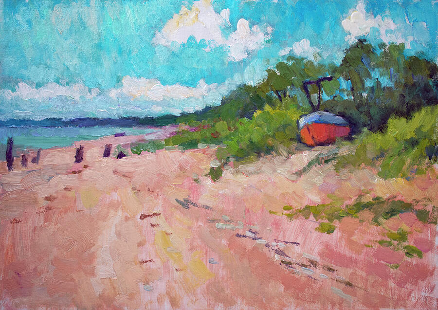 Landscape Painting - A ship, Kolka, beach - VBP190704 by Vera Bondare