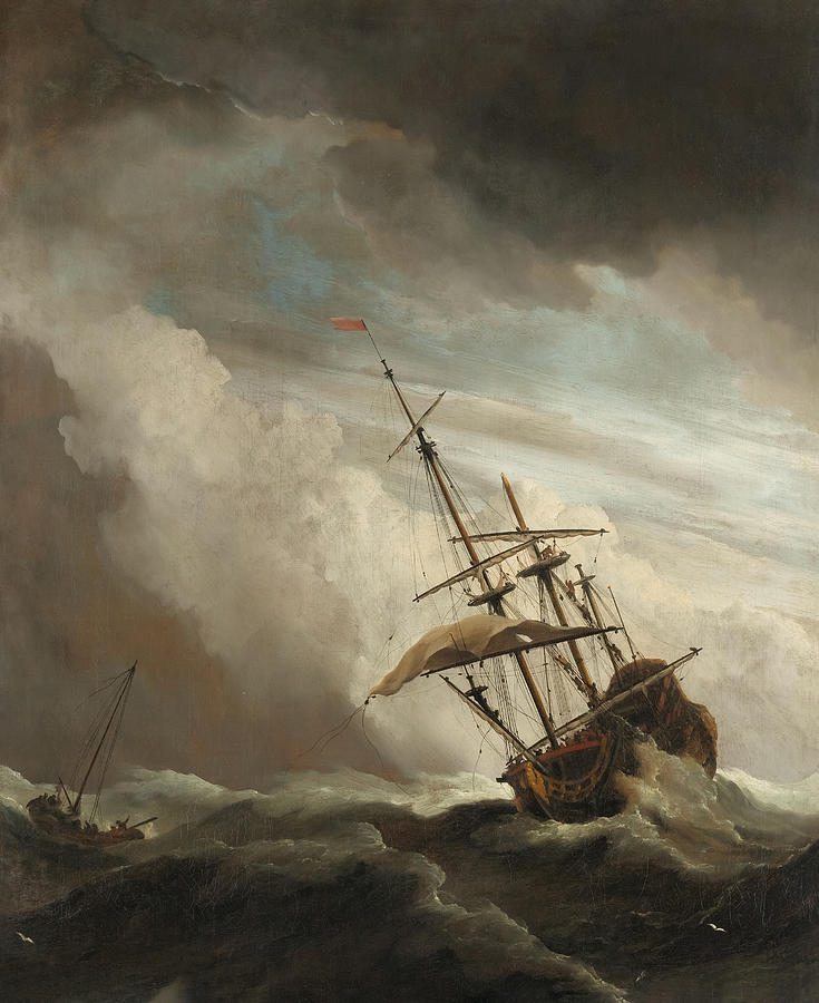 Vintage Painting - A Ship on the High Seas Caught by a Squall, Known as The Gust  by Willem Van De Velde
