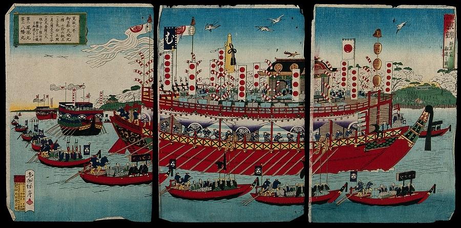A shogunal pleasure trip by boat in 1798. Colour woodcut, 1889 Painting by Artistic Rifki