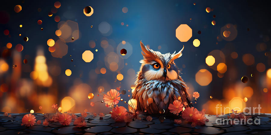 A short-eared owl sits on a branch and looks, with a bokeh in the background. Digital Art by Odon Czintos