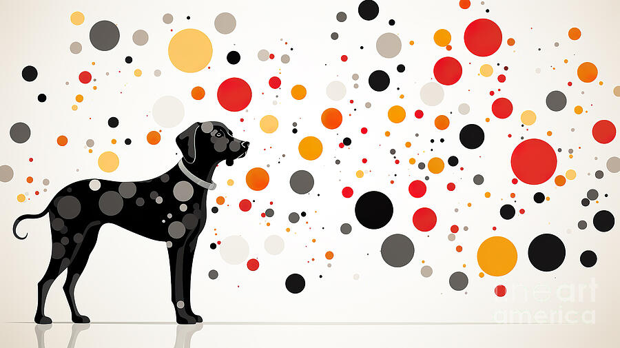 A silhouette of a black dog against a backdrop of scattered, colorful circles in various sizes Digital Art by Odon Czintos