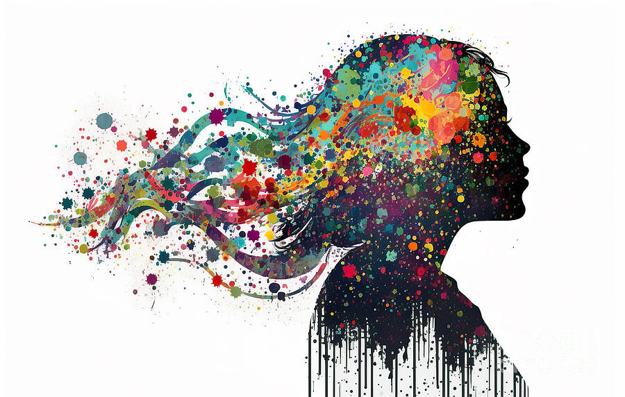 Silhouette Digital Art - A silhouette of a womans profile is embellished with a colorful and vibrant array of splatters by Odon Czintos