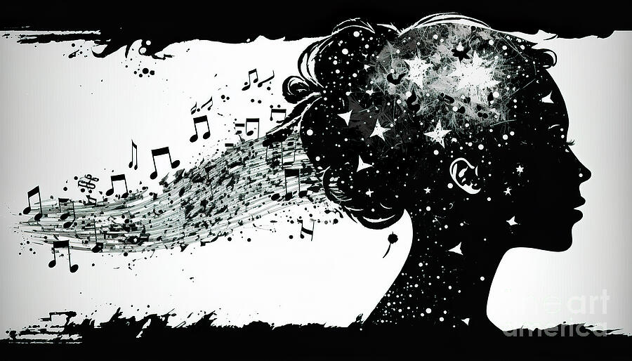 Black And White Digital Art - A silhouette profile of a womans head is adorned with a myriad of stars, musical notes by Odon Czintos