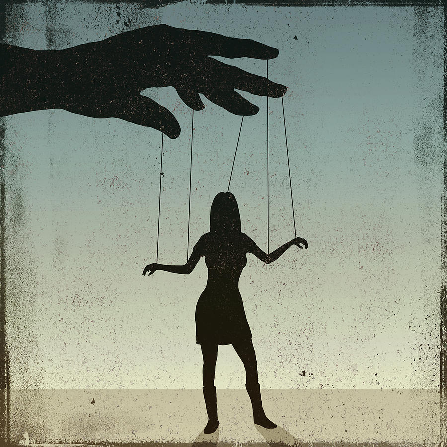 A silhouetted woman being controlled by a puppeteer Drawing by Malte Mueller