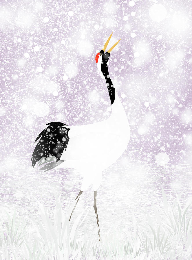 A singing red-crowned crane in the snow squall Digital Art by Ellie Teramoto