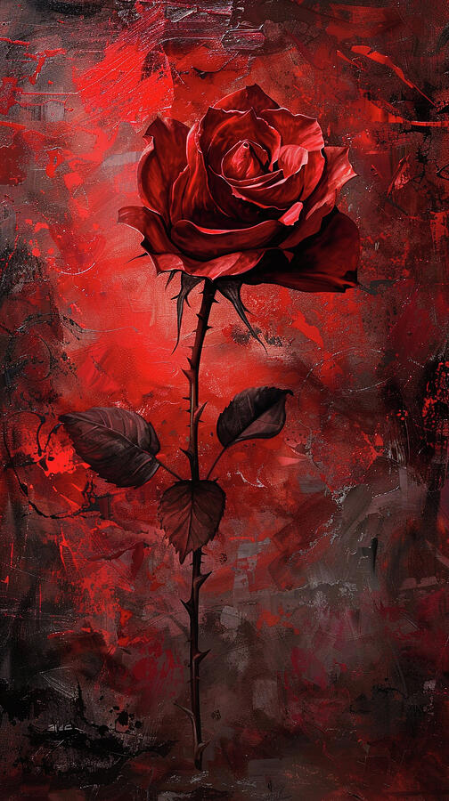 A Single Deep Red Rose Blooms Against A Vibrant And Textured Red Background Painting
