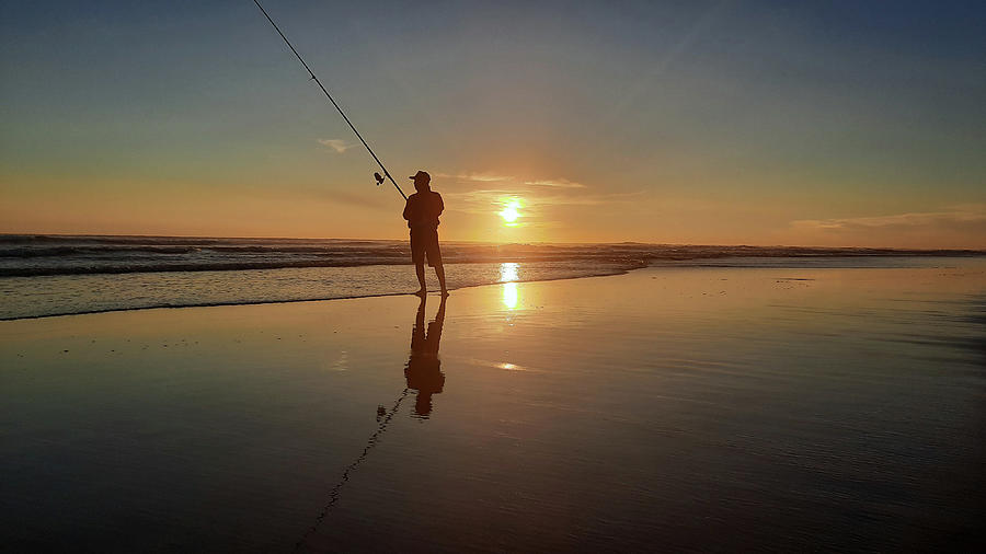 Fishing Man At Beach While Sunset Pyrography by Kall3bu