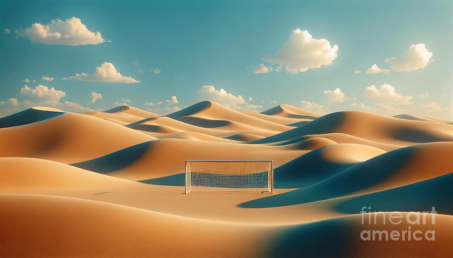 A single soccer goal stands alone in the middle of rolling sand dunes under a clear sky Digital Art by Odon Czintos