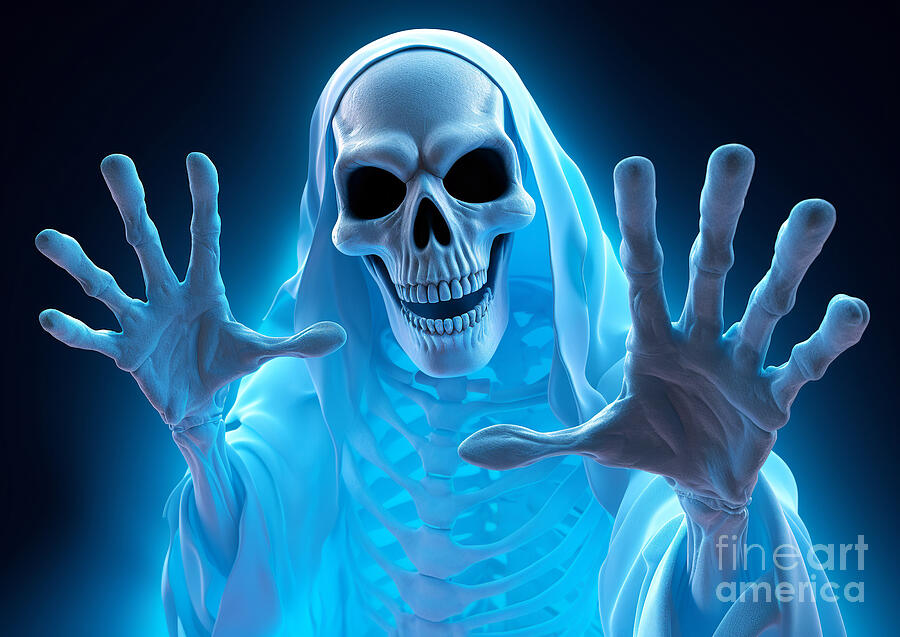 Halloween Digital Art - A skeletal figure shrouded in a ghostly blue aura reaches out towards  by Odon Czintos