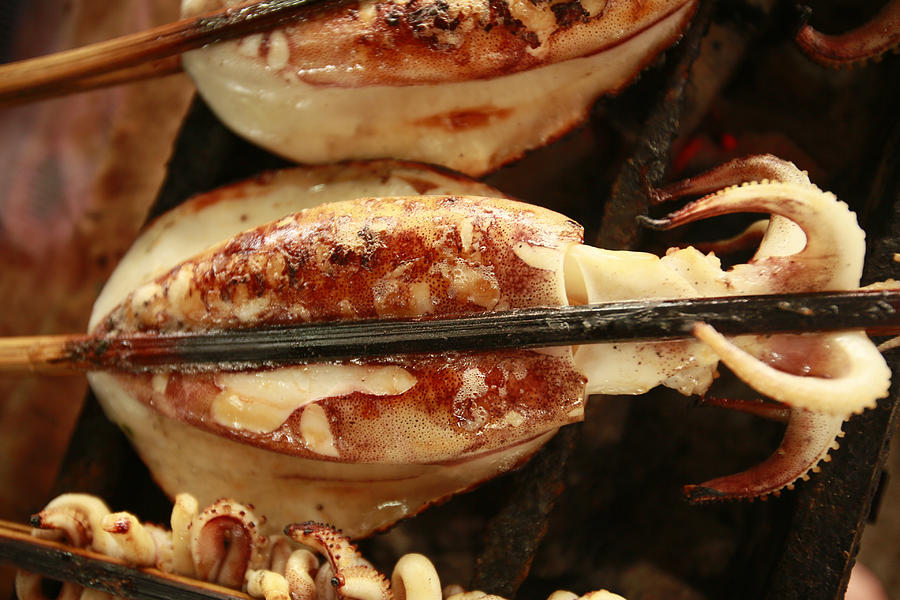 a skewer of grilled squid, Phnom Penh Photograph by Owen Franken