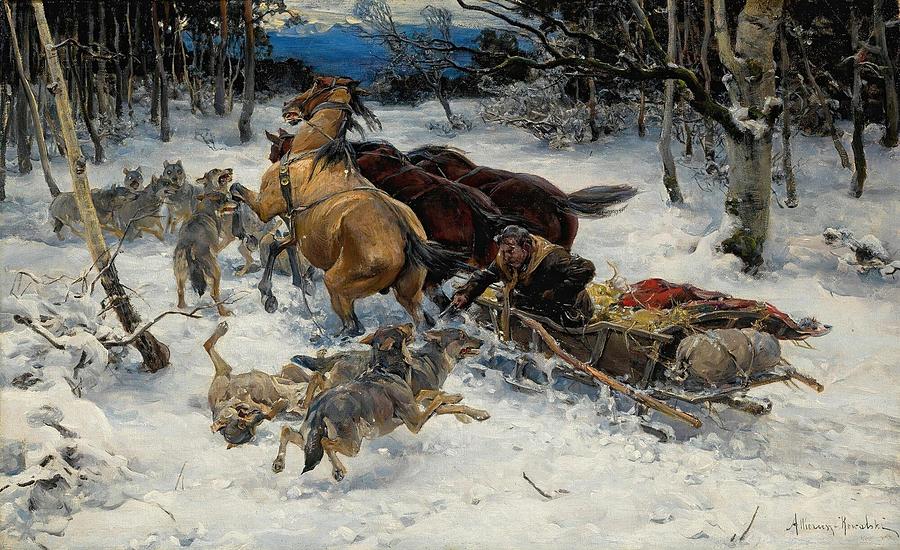 A Sledge Under Attack By Wolves Drawing by Alfred Von Wierusz Kowalski ...