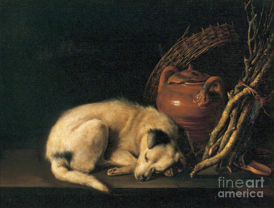 Gerrit Dou Painting - A Sleeping Dog with Terracotta Pot from Gerrit Dou by Diane Hocker