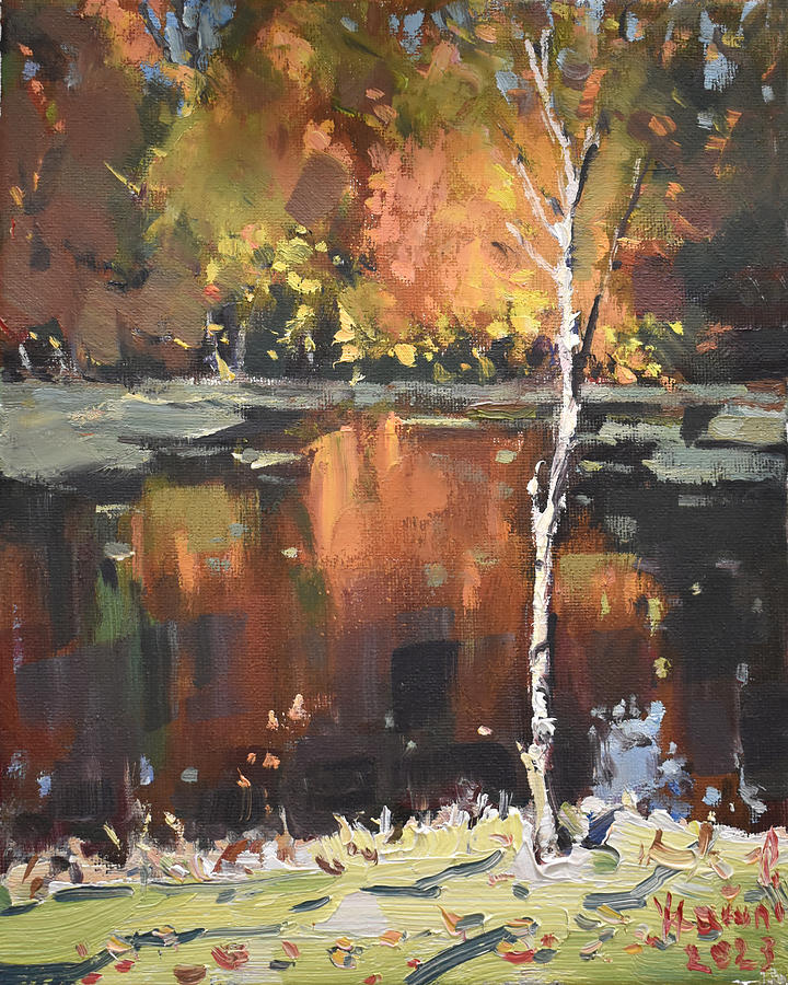 A Slender Tree in a Reddish Fall Painting by Ylli Haruni