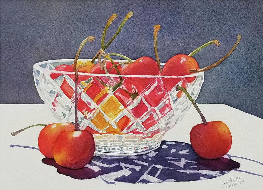 A Small Bowl of Cherries Painting by Judy Mercer