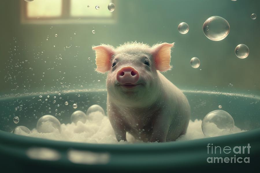 A smiling little pig takes a bubble bath to keep himself groomed ...