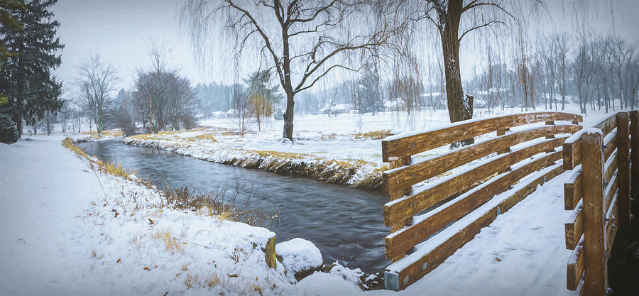 A Snowy Cedar Creek Bridge and Creek Impressionism Digital Art by Jason Fink