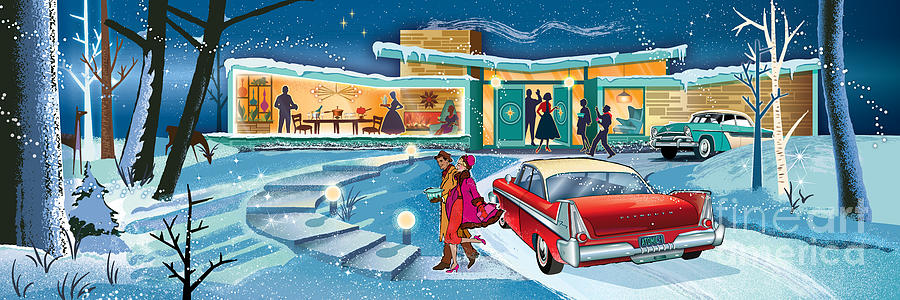 A Snowy Mid-Century Open House Party Panorama Digital Art by Diane Dempsey